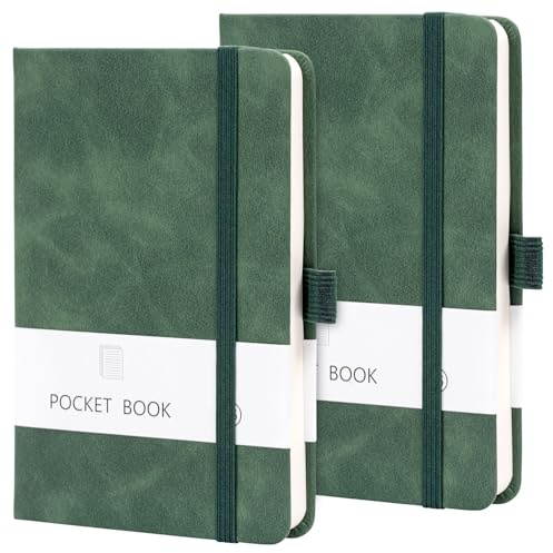 Bafiwu Mini Notizbuch, 2 Stück Notizheft A6 Notitzbuch Klein, 9,5 cm x 14,5 | Mitstifthalter Grün PU Notizbuch Leder, zum Notieren Einkaufszettel, für to do Liste Block, Arbeit Notizbücher (Grün)