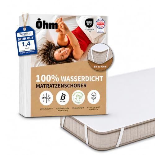 Ôhm Matratzenschoner 90x200 cm wasserdicht, atmungsaktive Baumwoll-Auflage, Schutz für Allergiker, Inkontinenz und Kinder, Anti-Milben, Elastikbänder bis 40 cm, Oeko-Tex