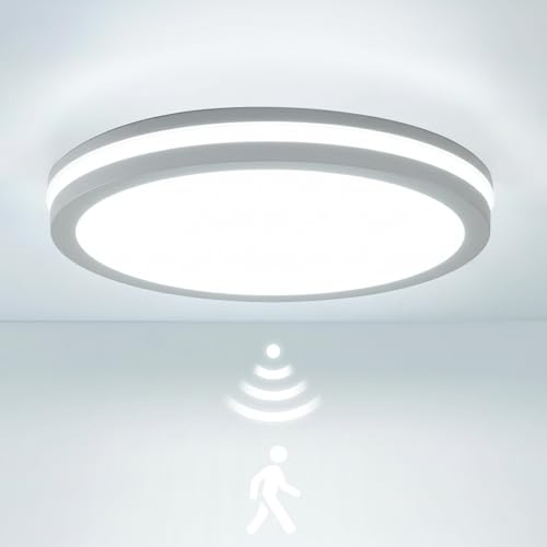 LEZOE LED Deckenlampe mit Bewegungsmelder IP65 Wasserdicht, 24W/30W 4500lm 150(Lm/W) Sensor Radar Deckenleuchte 3000K/4000K/6500K Feuchtraumlampe Ideal für Bad, Garage, Keller, Balkon, Diele Ø26cm