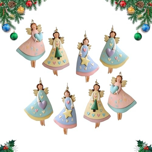 EAZHOP 8 Pcs Vintage Wooden Angel Ornaments 4 Designs with Hanging String UV Printed for Christmas Tree Xmas Holiday Festive Decorations (E)