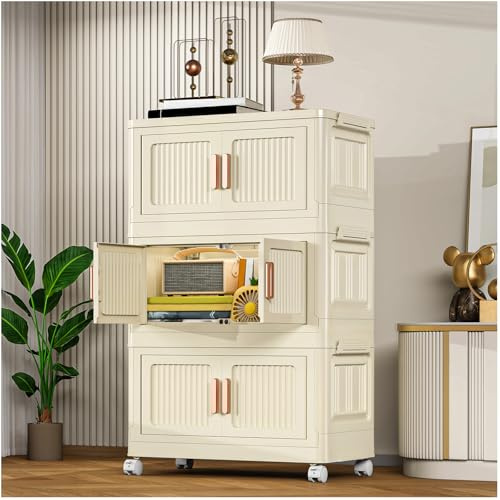 TidyTrove Storage Boxes with Lid, 3-Tier Plastic Stackable Storage Boxes with 1 Lid 40L/Tier, Folding Storage Bins with Wheels, Storage Organizer for Bedroom Living Room Study Office