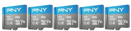 PNY Elite Lot de 5 Cartes mémoire Flash microSDHC Classe 10 U1 V10 A1 pour appareils Mobiles 100 Mo/s, Full HD, UHS-I, Micro SD 32 Go