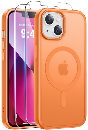 Qasyfanc für iPhone 13/iPhone 14 Hülle mit 2 Schutzfolie, Magnetisch Handyhülle Kompatibel mit MagSafe, Transluzente Matt Rückseite Kratzfest Schutzhülle für iPhone 13 Case Orange