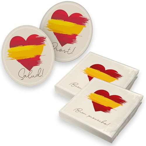 itenga Flaggen Edition – Tischdeko mit internationalem Flair - 40x Servietten mit 40x Bierdeckel – perfekt für Party, Grillabend, Restaurant & Deko (Spanien)