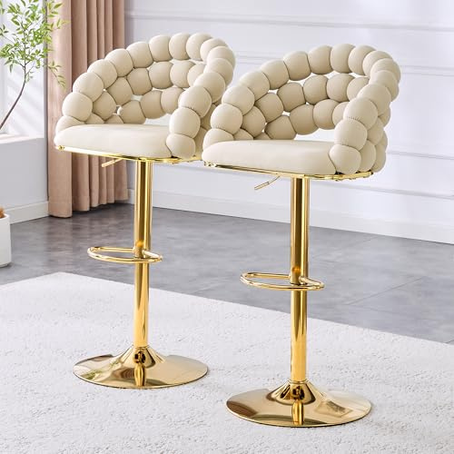 FammyLoft Samt-Barhocker 2er-Set, Barhocker Höhenverstellbar mit Kugelketten-Rückenlehne, Barstuhl mit Vergoldetes Verstellgestell, Küchenhocker für Kücheninsel, Home Bar & Essbereich, Cremefarben