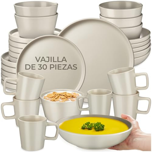 tectake® Servicio Combinado para 6 Personas, Juego Vajilla Estilo Urbano, Gres Esmalte, Lavavajillas y Microondas, Vajillas Completas Modernas, Cuencos Ceramica y Tazas - 30 Piezas Gris Topo
