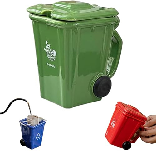 Wheelie Bin-Themed Funny Mugs, 400mL Trash Can Shaped Ceramic Coffee Cup with Complimentary Spoon, Funny Recycle Bin Coffee Mug, Trash Can Shaped Mug for Office, Restaurant, Kitchen (Green)