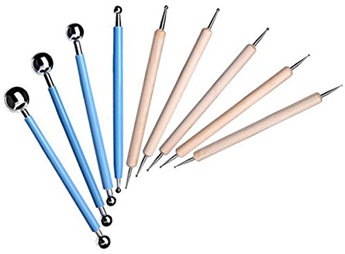 rosenice 9 Stück Ball Stylus Werkzeuge Modellier-Werkzeug Set - Dual-Ends-Design - 4x Gummihandgriff, 5x Holzgriff - Blau - Für Lehm, Skulptur, Kuchen & Fondant - 18 Bälle in verschiedenen Größen