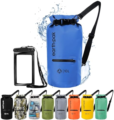Earth Pak Dry Bag – wasserdichter Packsack mit Reißverschluss Tasche, Schultergurt und wasserfester Handyhülle – ideal beim Kajak Fahren, Camping, Angeln, Bootfahren und Rafting