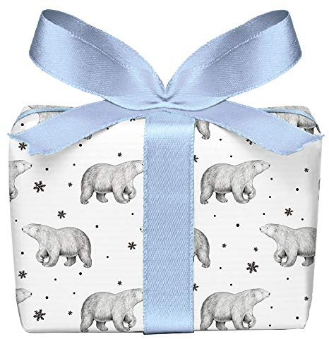 5er Set Weihnachts Geschenkpapier Bögen Eisbär mit Schneeflocken schwarz weiß zu Weihnachten u. Adventszeit, Weihnachtspapier für Geschenke, Adventskalender, Format 50 x 70 cm