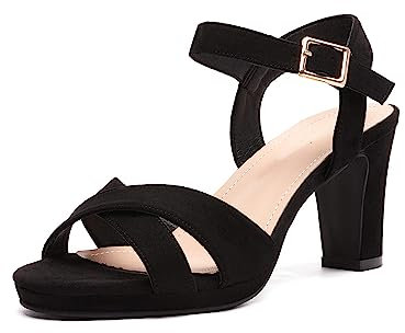 DREAM PAIRS Women’s Open Toe Ankle Strap Sparkly Strappy Chunky Heel Pump Heels ICE-1,Size 5,Black/Suede,ICE-1