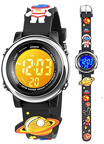 Kleinkind Kinder Digitaluhren für Mädchen Jungen,3D Cute Cartoon 7 Farblichter wasserdichte Sport Elektronische Armbanduhr mit Alarm Stoppuhr für 3-10 Jahre Kinder (Astronaut-Schwarz)