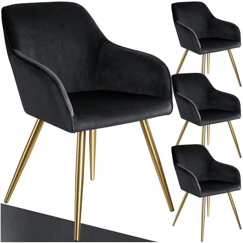 TecTake® Lot de 4 Chaises de Salle à Manger Rembourrées Modernes - Fauteuil Salon Velours Scandinave - Pieds en Acier Doré Élégant avec Accoudoirs - Pour Coiffeuse, Chambre