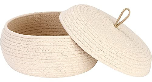 Sea Team Round Cotton Rope Storage Basket with Lid, Decorative Woven Storage Bin, Pot, Caddy, Organizer, Container for Snacks, Towels, Plants, 13 x 5.5 Inches (Large, Shallow, Cream)