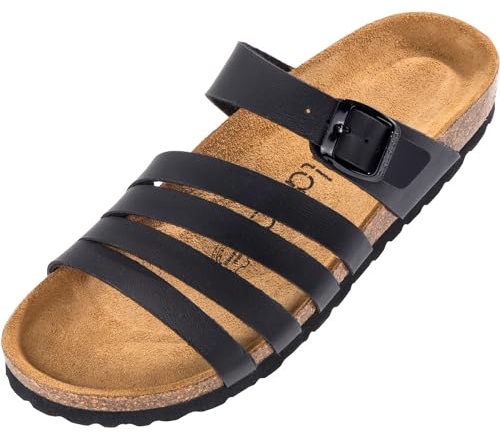 Palado Damen Pantoletten Roma - bequeme Sandaletten mit Kork-Fussbett - modische Hausschuhe mit verstellbarem Riemen - Sandalen für Frauen mit Leder-Laufsohle Basic Matt Schwarz UK9 - EU42