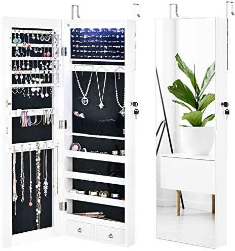 CASART 2 in 1 Jewellery Cabinet, Lockable Jewelry Armoire Organizer with LED Lights & Full Length Mirror, Cosmetic Makeup Cabinet for Living Room Dressing Room (White)