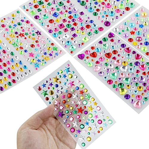 Gem Stickers 8 Self-Adhesive Jewel Rhinestone Stickers for Crafts, Kids DIY, Various Shapes Crystal Gemstone