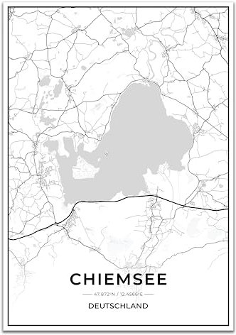 Vacentures Chiemsee Karten Poster - Premium Wandbild ohne Bilderrahmen I Moderne Wanddeko für Wohnzimmer oder Schlafzimmer I Hochwertiger Druck (Schwarz Weiss, 30x40 CM)