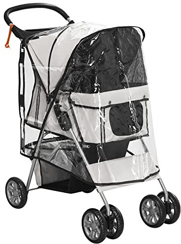 PawHut Dog Stroller with Rain Cover for Small Miniature Dogs, Folding Pet Pram with Cup Holder, Storage Basket, Reflective Strips, Grey