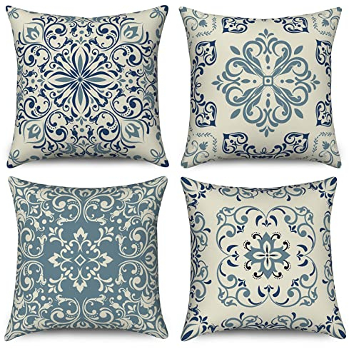 Hnmdmyi Kissenbezug Boho 40x40 4er Set, Blau Vintage Geometrische Mandala Floral Dekorative Kissenbezüge Leinen Quadratische Kissenhülle für Sofa Couch Bett Garten Outdoor Home Decor