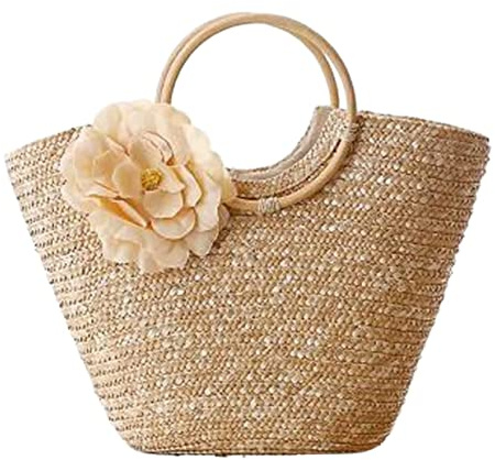 Stroh Strandtasche Strohtasche Rattan Gewebte Handtasche Blumen Umhängetasche Gewebte Tasche Freizeit Urlaub Tote Strandtasche Damen Korbtaschen Geflochten Strohsack ( Blue : Primary color , Size : 40