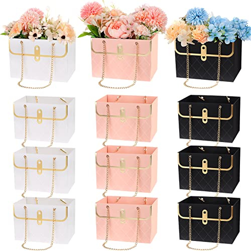12 Piece Paper Flower Bags with Metal Chain - Gift Boxes for Wedding, Valentine's Day - White, Pink, Black