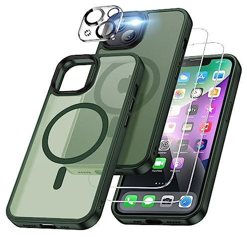 XINKAE 4 in 1 Handyhülle für iPhone 14 Hülle mit Magsafe, Hülle iPhone 14 mit Schutzglas, Militärqualität Handy Schutzhülle [stoßfest] [magnetisch] für Apple iPhone 14 Cover Case. Matt Alpingrün