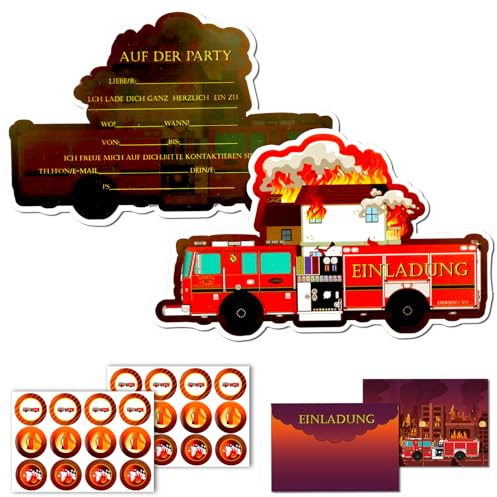 Hpbaggy 12 Stück Feuerwehr Einladungskarten, Feuerwehr Einladungskarten, Feuerwehrauto Partyeinladungen, Einladungskarten Kindergeburtstag Junge