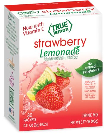 True Citrus True Lemon Strawberry Lemonade Water Enhancer Drink Mix (30 pezzi) a basso contenuto calorico per acqua, miscele e aromi per bevande in polvere, pacchetti individuali con stevia