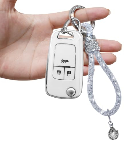 Yumzeco 3 Tasten Silicone TPU Autoschlüssel Hülle Cover mit glänzendem Diamant Schlüsselband, Kompatibel mit Opel Vauxhall Chevrolet Holden 2005-2019, Auto Keyless Smartkey Schutzhülle-Weiß
