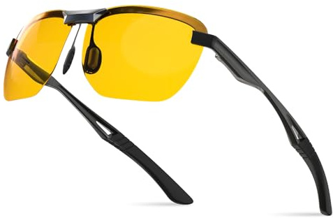 Bloomoak Nachtfahrbrille Blendschutz für Männer Frauen, Ultraleicht Al-Mg-Legierung Halb randlos Federscharnier Polarisierte Fahrbrille zum Fahren Angeln (Ultraleichter schwarzer Rahmen aus AL-MG)