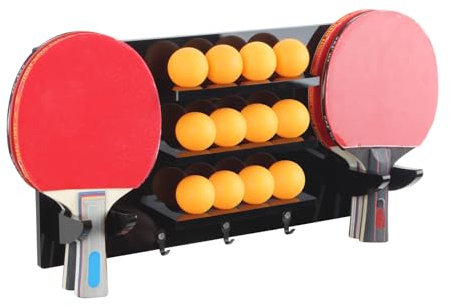 Kcgani Ping Pong Paddle and Balls Holder with Hooks, Wall Mounted Table Tennis Storage Rack for 6 Rackets and 12 Balls, Solid Black Acrylic Table Tennis Storage Wall Mount Hanger Display Shelf