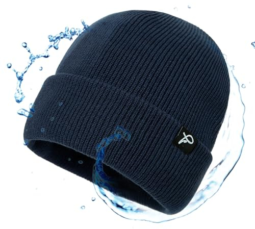 TOP-EX wasserdichte Wintermütze Herren & Damen, Warme Fleece-gefütterte Strickmütze Beanie, Atmungsaktive Outdoor Lauf- & Skimütze, Winddichter Regenschutz, Herrenmütze Blau S/M