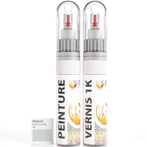 ipixline Kit Retouche Peinture Carrosserie Voiture - Stylo Correcteur Peinture Auto 30 ml, Vernis Brillant 1k 30 ml - Compatible avec Renault - Blanc Glacier 369