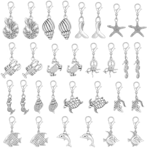 GOMAKERER 30 Stück 15 Stile Meeres-Reißverschlussanhänger, Ozean Tier Legierung Reißverschluss Anhänger Schildkröte Shell Fisch Reißverschluss Pull Zipper Ersatz Zipper Pull Tab Für Gepäck