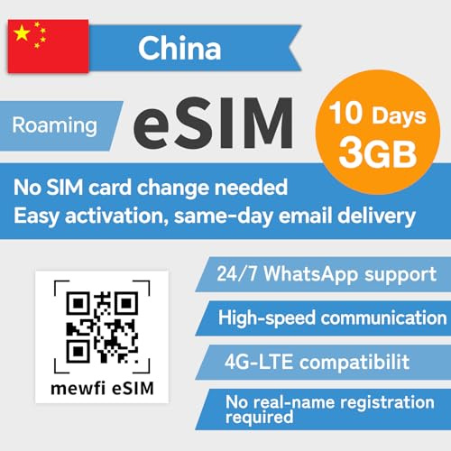 Esim Card, Mainland China SIM Card 10 Days 3 GB, Easy Activation & 24/7 WhatsApp Support, 4G High-speed Communication Network, for Unlocked eSIM Compatible phones