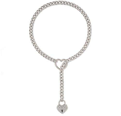 ADEMISHIA Women Slip Chian Necklace With Padlock, Punk Gothic Gold Cuban Chain Necklace With Heart-shape Lock Adjustable Lariat Y-Necklace For Women Size 24” 28” (Silver, 28)