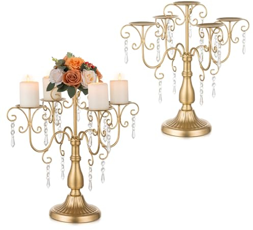 Sziqiqi Kerzenständer 5 Armig Gold - Kerzenständer Kandelaber mit Kristallperlen für Weihnachten Tisch Centerpiece Hochzeit Kandelaber Dekoration Set von 2