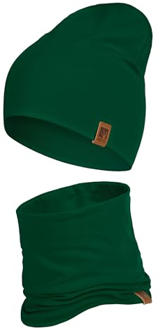HEYO Kinder Set Beanie Mütze Schlauchschal Baumwolle Rundschal weich Mädchen Jungen Herbst Frühling Frühlinsset Herbstset (Dunkelgrün)