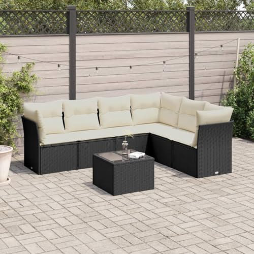 QJBSAVVA 7-TLG. Garten-Sofagarnitur, Balkontisch Klein Tisch Balkon Eckbankgruppe Gartenlounge Geeignet für Wenig Platz Balkon Außen Garten mit Kissen Schwarz Poly Rattan