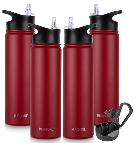 MURBONE Insulated Water Bottles, 750ml Stainless Steel Drink Flask with Straw, BPA Free, 2 Lids (Straw Lid and Spout Lid), Leakproof Double Walled Vacuum Water Bottle, Red, Pack of 4