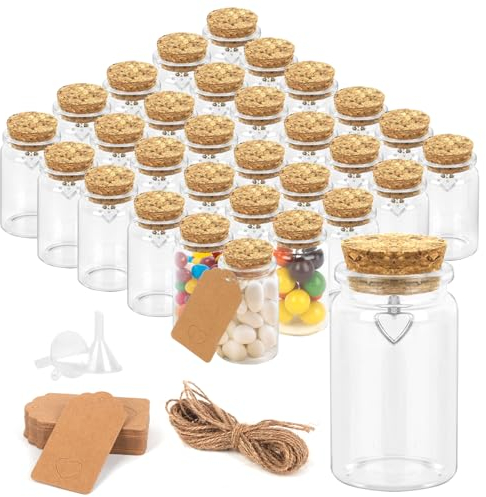 YOCOLE 30er Glas Reagenzglas mit Korken, 36ml Mini Glasflaschen Fläschchen für Jordan Mandeln, Kleine Glasgefäße mit Anhänger in Herzform, Gastgeschenk Hochzeit Party Deko