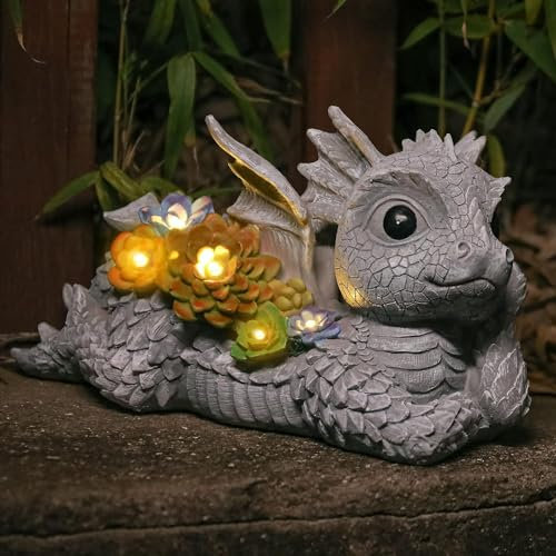 Umikk Drachen Figuren Deko mit Solar Lichterkette Aussen Gartendeko für Draußen, Lustige Drachen Gartenfiguren Deko mit LED Solar Lichterkette Aussen Geschenke für Männer/Frauen Garten