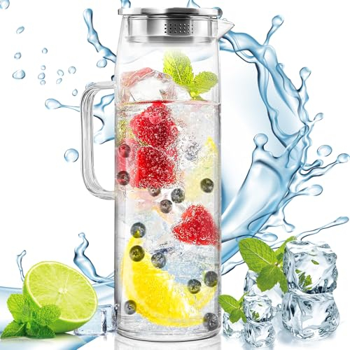 LOVICVKEM Glas-Karaffe, 1.5L Wasserkaraffe Glas,Glaskaraffe mit Deckel Edelstahl und Ausgießer, Saft Getränkekaraffe für hausgemachte Getränke, Eistee, Milch, Wein