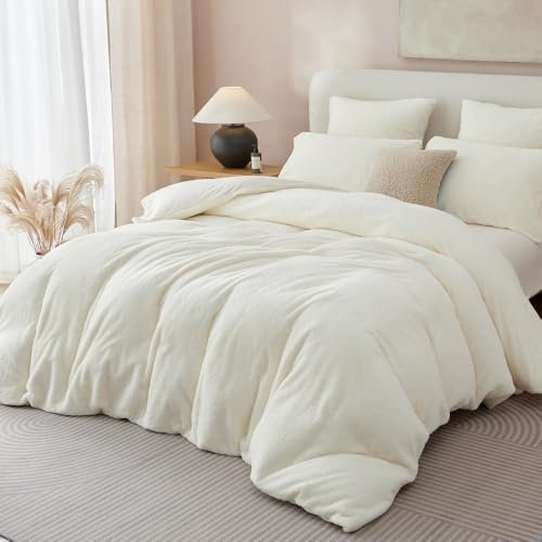 Freyamy Housse de Couette Polaire Teddy 200x200cm Blanc Hiver Chaude Duveteuse Parure de lit 2 Personne avec Fermeture Éclair Peluche Sherpa Flanelle Linge de lit avec 2 Taie d'oreiller 65 x 65cm