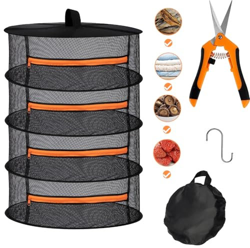4-Lagiger Trockennetz, Trockennetz Kräuter, Kräuter-Trockenständer, Kräutertrockner Hängen,Trocknungssystem mit Reißverschluss für Grow Zelt oder Gewächshaus,Trocknungsnetz mit Astschere und Haken