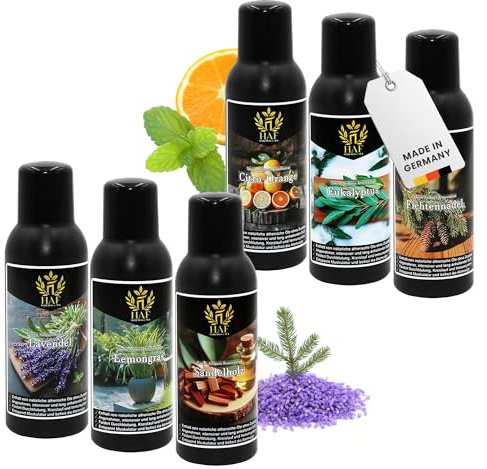 HAF Saunaaufguss Set „Zarte Sinne“ - 6 x 100ml Sauna Aufgussmittel Citro-Orange, Eukalyptus, Fichtennadel, Lavendel, Lemongras, Sandelholz - Saunaduft mit natürlichen ätherischen Ölen & ohne Zusätze