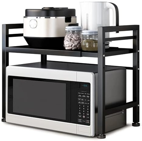 TOTEBOX Expandable Microwave Oven Rack, Kitchen Shelf with 6 Hooks, 2-Tier Kitchen Counter Organizer Shelf Stand, Pot Pan Grill Storage Racks, Carbon Steel Heavy Load 55lbs Capacity