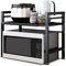 TOTEBOX Expandable Microwave Oven Rack, Kitchen Shelf with 6 Hooks, 2-Tier Kitchen Counter Organizer Shelf Stand, Pot Pan Grill Storage Racks, Carbon Steel Heavy Load 55lbs Capacity