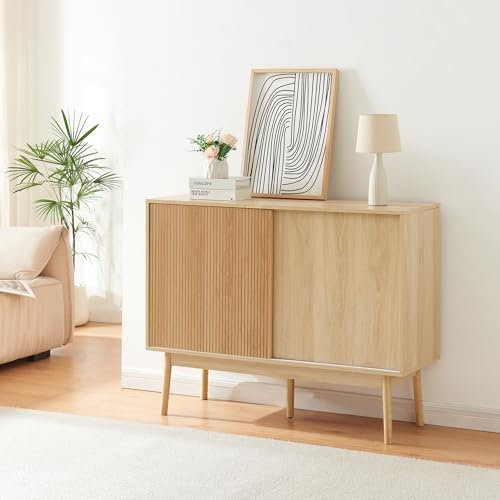 [en.casa] Sideboard Landskrona Kommode mit 2 Schiebetüren Buffetschrank Wohnzimmer Schrank schmal 115 x 40 x 90 cm Aufbewahrungschrank Holzfüße Eichenoptik